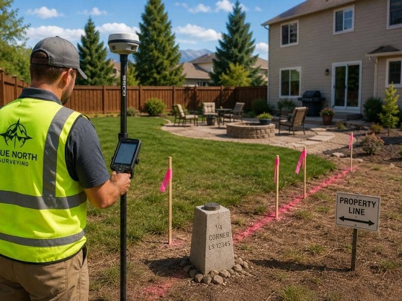 Land surveyor verifying a residential property corner with GPS equipment before installing a fence and planning backyard improvements.
