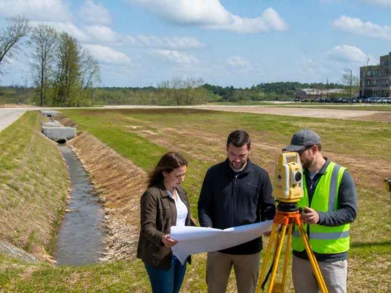 Land Surveying Site Planning Carrollton GA | Carrollton Land Surveying Land surveyor, developer, and engineer in Carrollton GA reviewing site measurements, drainage, access, and terrain before finalizing development plans.